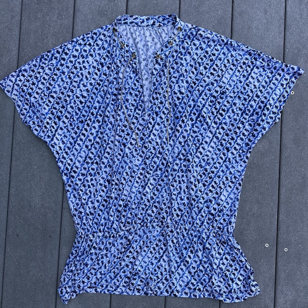 Michael Kors Blue and White Blouse With Gold-Tone Metal Chain Detailing XL